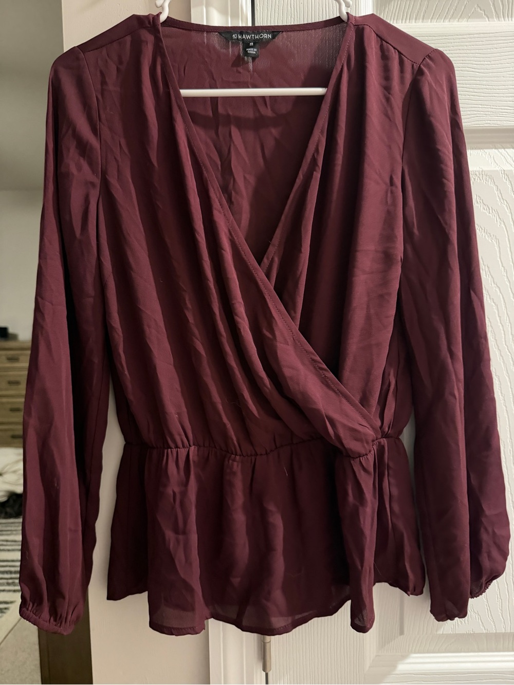 41 Hawthorn Burgundy Wrap Peplum Blouse